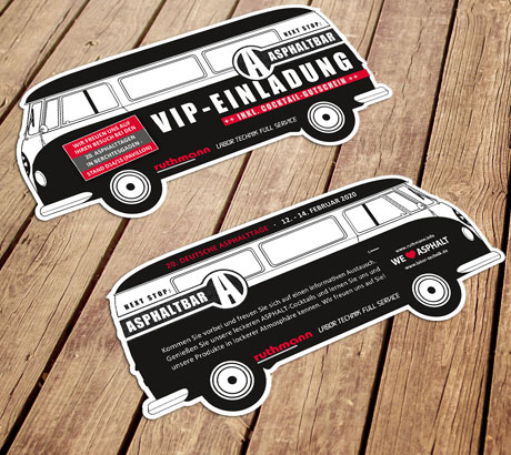 Druck einer Messeeinladung in Konturschnitt eines VW T1